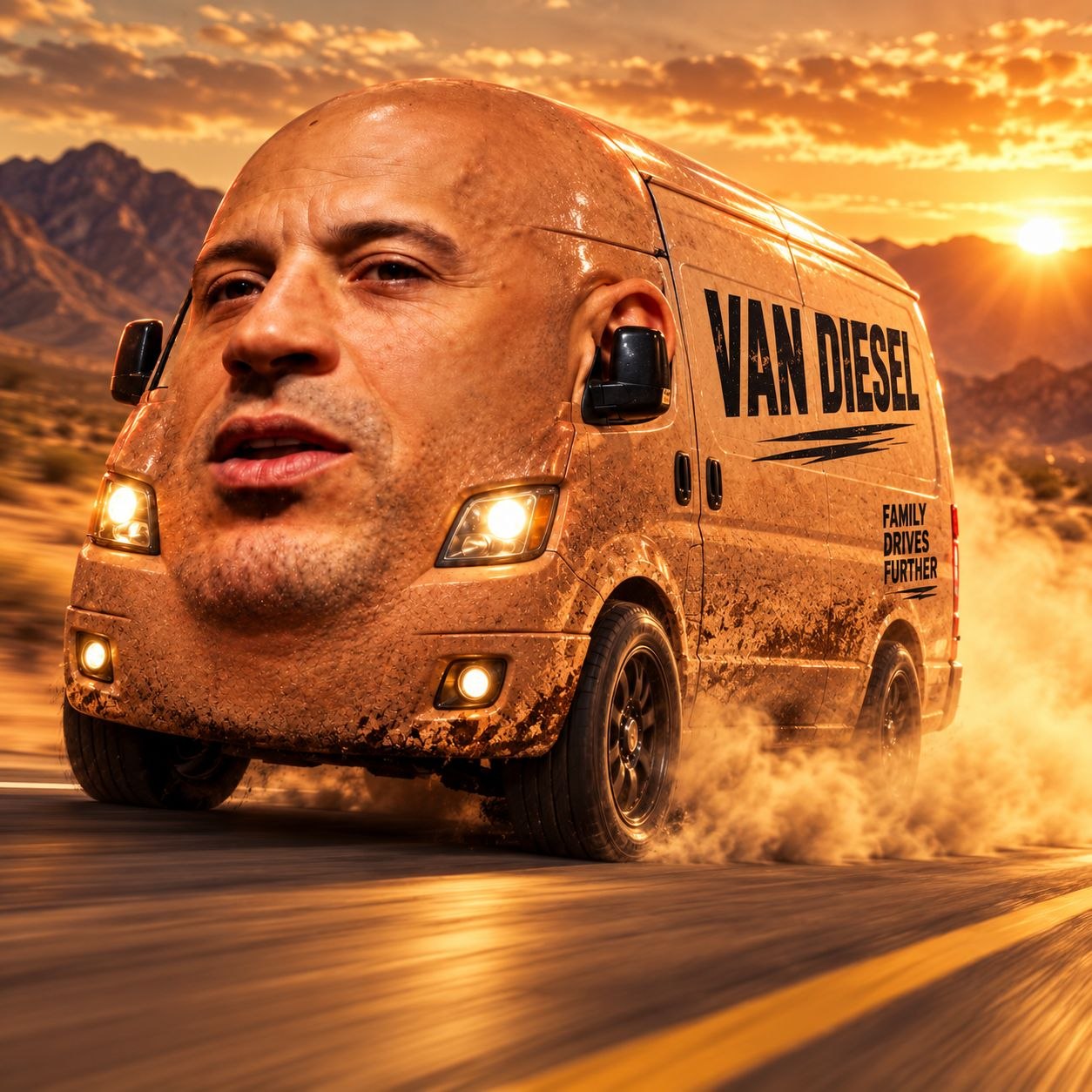 Van Diesel driving off down an open desert highway into the sunset